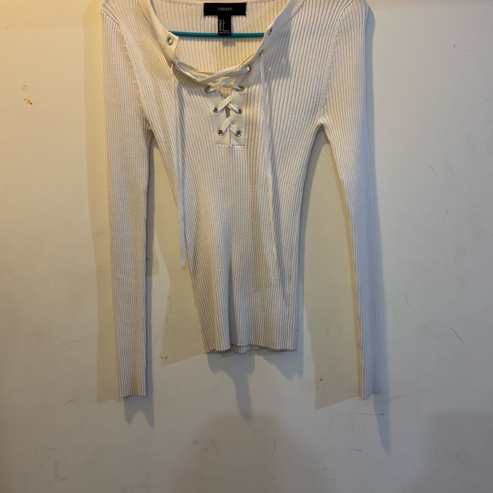 Forever 21 White Lace-Up Ribbed Top